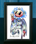 Framed illustration of a colorful skeleton character with a blue glow, making a peace sign.
