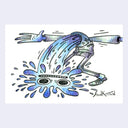 Illustration of a blue person standing with their arms out and their head splatting onto the ground like a stream of water.