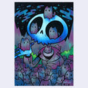 Blue and purple toned illustration of a skeleton character, wearing a leather jacket and being surrounded by black cats.