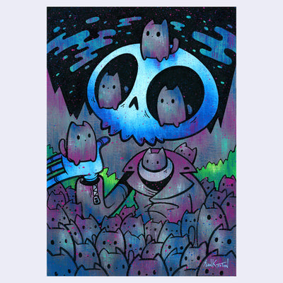 Blue and purple toned illustration of a skeleton character, wearing a leather jacket and being surrounded by black cats.