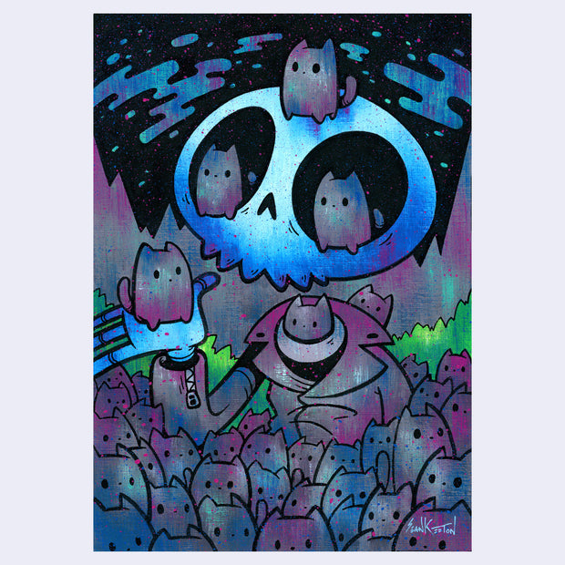 Blue and purple toned illustration of a skeleton character, wearing a leather jacket and being surrounded by black cats.