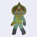 Illustration made with many lines, giving it the feel of a folk art woodcut on a die cut wood panel of a person in a knit costume with a teardrop shaped head. Within its head, where its face would be, is a pair of small orange monsters sitting at a table and holding a seance.