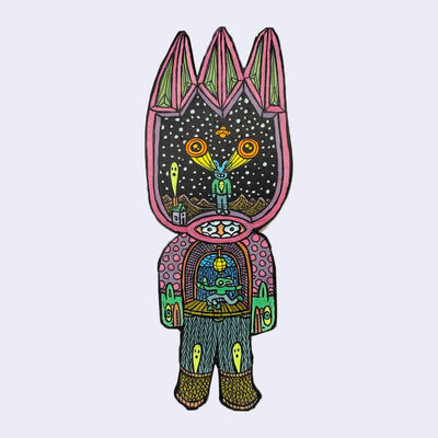 Illustration made with many lines, giving it the feel of a folk art woodcut on a die cut wood panel of a character wearing a knit costume. Inside its chest are 2 small characters dancing under a disco ball. Atop its head is a 3 point area with a blue bunny character inside, beaming yellow eyeballs out from its smaller eyes.