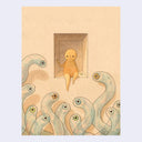 Ink and watercolor illustration on cream colored paper of a small rounded head character sitting in a square recession in a wall. At its feet are transparent snake like creatures, with no face, only a floating eyeball.