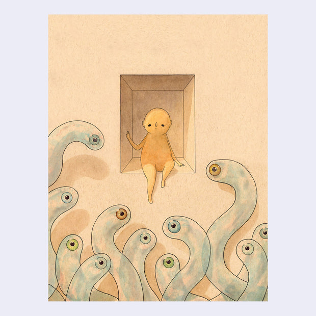 Ink and watercolor illustration on cream colored paper of a small rounded head character sitting in a square recession in a wall. At its feet are transparent snake like creatures, with no face, only a floating eyeball.
