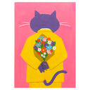 Painting of a purple cat wearing a yellow suit, faced away from the viewer so only its back and back of head is visible. It holds a bouquet of colorful flowers in its hands, behind its back.