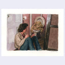 Painting based on a film still from Basket Case of a scary monster creature crawling out from a toilet, as a woman talks to it crying on the bathroom floor.