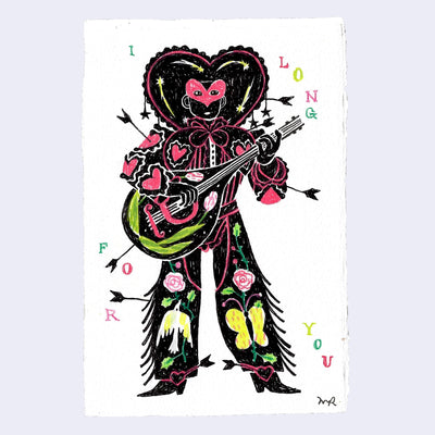Colored pencil sketch of a musician, dressed like a mariachi with colorful pattern clothing and a round body guitar.