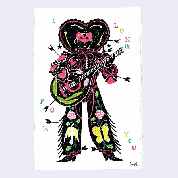 Colored pencil sketch of a musician, dressed like a mariachi with colorful pattern clothing and a round body guitar.