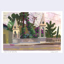 A watercolor-style art painting depicting Shakespeare Bridge, featuring two arched mini stone towers, green trees, purple flowers, and a pale pink sky. The artwork is shown with a white border and artist signature on a light gray background.
