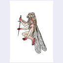An illustration of a winged fairy figure with 3 pairs of arms, long blonde hair, kneeling and holding a dagger, rendered in a watercolor style with red accents on a white background.