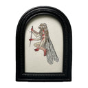 A framed artwork featuring a winged fairy-like figure with long light hair, 3 pairs of arms, and a sword, set within a black arched frame on a white background.