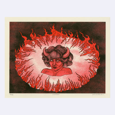 Red and dark brown illustration of a woman with red skin and horns, with no pupils and coiffed hair. She is seen only from the shoulders up, submerged in a surface that is surrounded by red flames. Background is solid brownish black.