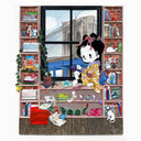 Paper cut sculpture of a cartoon character with a geisha's hairstyle. She sits on a window sill looking out of a city bridge. She is surrounded by shelves full of Japanese and Giant Robot themed trinkets.