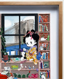 Paper cut sculpture of a cartoon character with a geisha's hairstyle. She sits on a window sill looking out of a city bridge. She is surrounded by shelves full of Japanese and Giant Robot themed trinkets.