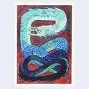 A stylized watercolor illustration of a coiled dragon in shades of light blue, dark blue, and green on a red background, bordered by a cream page edge.