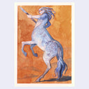 A watercolor artwork depicting a blue centaur warrior rearing up on a horse-like form, holding a sword, set against a warm orange-brown background with a white border.