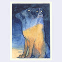 An artwork featuring a stylized watercolor painting of a dog with 3 heads and glowing yellow eyes, set against a dark blue background with a light cream border.