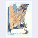 A watercolor-style illustration of a griffin or fantasy bird creature with brown and tan feathers, blue-gray wing and body shading, and a small red accent around the eye, shown on a white paper background with a pale lavender outer surround.