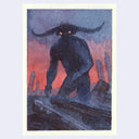 Drawing featuring a dark, horned humanoid figure with glowing orange eyes against a blue and red sky, bordered by a cream margin.