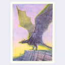 A watercolor-style artwork depicting a dark dragon with wings spread, standing on a rocky ledge against a pastel sky in lavender, yellow, and green tones.