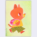 A colorful drawing featuring a stylized orange cat wearing a yellow shirt and green pants, holding a pink backpack, on a pale yellow-green textured background. Signed 'SHIHO PATE' in green on the left edge.