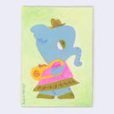A whimsical artwork featuring a blue elephant character wearing a green hat, pink dress, and yellow-orange bag, set against a pale yellow-green background. 