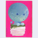 A colorful painting on a white background featuring a sad blue creature with a moon-like head sitting in a matcha cup against a bright pink sky. 