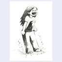 Black and white illustration of a distressed character with long hair and open mouth on a light purple background