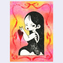 Illustration of a girl holding a dripping heart with a colorful, abstract background