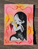 Illustration of a girl holding a dripping heart with a colorful, abstract background