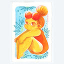 Drawing of a cute orange girl, sitting on her butt with her knees pulled in and dressed in a one piece bathing suit with sunglasses atop her head.