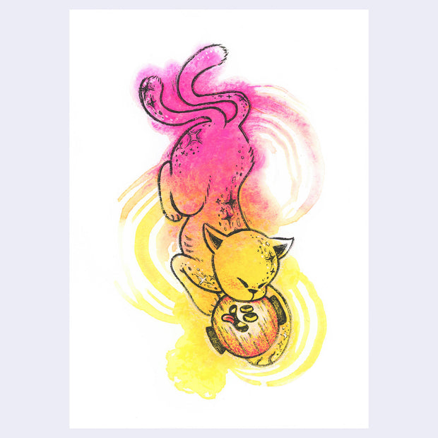 Illustration of a cat with 2 tails, pouncing on a small lantern. It is colored pink and yellow.