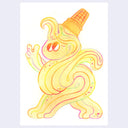 Colored pencil illustration of a yellow character made out of soft serve ice cream, walking and throwing up a peace sign. Atop their head is a sugar cone.