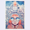 A stylized art print featuring a person with orange hair and oversized glasses, surrounded by flowers, with a cup of tea and a leaf on their head. The artwork is rendered in blue, white, and orange tones and is shown centered on a light gray background.