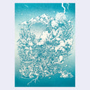 A square art print featuring a detailed blue and white illustration of a person with a lightbulb for a head seated among flowers, with mountains, lightning, and a decorative flower pot in the background.