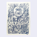 An art print featuring intricate blue ink illustrations on an off-white paper background, depicting whimsical creatures, flowers, and steaming cups.