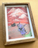 Illustration of a purple cartoon dog, looking very nervous and scared. He stands in a barren landscape with only a single house, no plants or nature features at all. The sky is dark pink with lots of clouds.