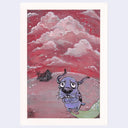Illustration of a purple cartoon dog, looking very nervous and scared. He stands in a barren landscape with only a single house, no plants or nature features at all. The sky is dark pink with lots of clouds.
