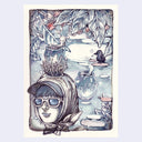 Illustration of a person wearing sunglasses, a hat and head scarf with coral growing out their head. A steaming pot sits on the coral and a bird sits nearby, under leaves of a fruit tree.