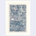 Finely detailed blue pen illustration of a girl's face, close up and seen at the side, surrounded by fish, water bubbles and sea kelp as if underwater.