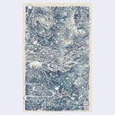 Finely detailed blue pen illustration of a girl's face, close up and seen at the side, surrounded by fish, water bubbles and sea kelp as if underwater.