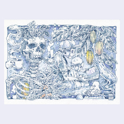 Blue ink illustration of a skeleton smoking a pipe. Nearby a person wearing a mask reads to a child, also wearing a mask.