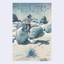 Painting of a desert landscape with a person wearing a sun hat and jumping down from a rock.