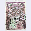 Illustration of a nerdy looking character, with glasses and an open mouth. He wears a jacket with a bear shaped hood hat.