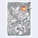 Illustration of a person reading a book called "seek & find" and they have a citrus for a head.