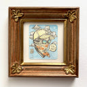 Ornately framed painting of a masked person's head, wearing sunglasses and a hat and looking off to the side with a thought bubble that reads "too hot". Background is a blue cloudy sky.