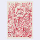 Red ink illustration of a person with a face covering, sitting amongst many plants while a steamy cup of coffee floats overhead.