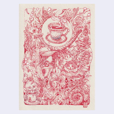 Red ink illustration of a person with a face covering, sitting amongst many plants while a steamy cup of coffee floats overhead.