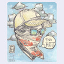 Painting of a masked person's head, wearing sunglasses and a hat and looking off to the side with a thought bubble that reads "too hot". Background is a blue cloudy sky.
